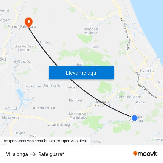 Villalonga to Rafelguaraf map