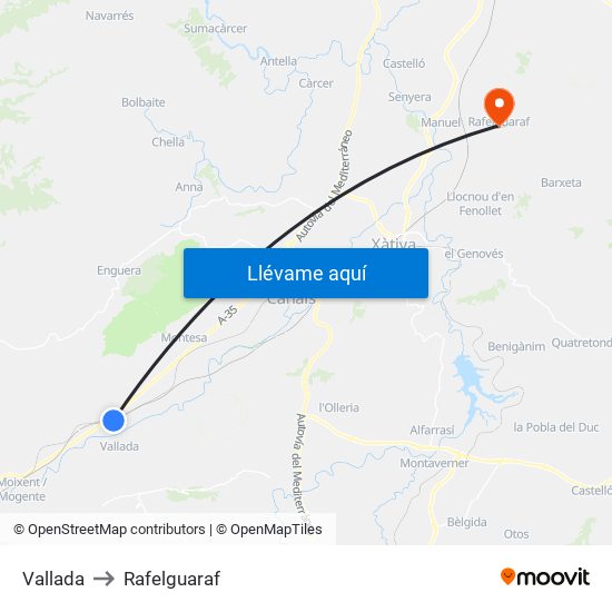 Vallada to Rafelguaraf map