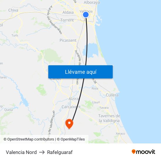 Valencia Nord to Rafelguaraf map