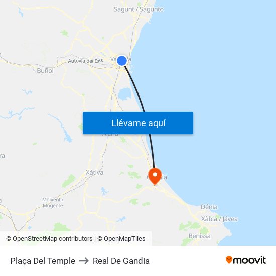 Plaça Del Temple to Real De Gandía map