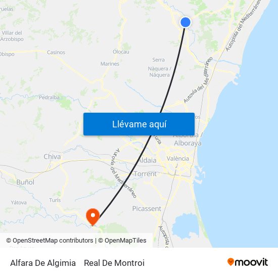 Alfara De Algimia to Real De Montroi map