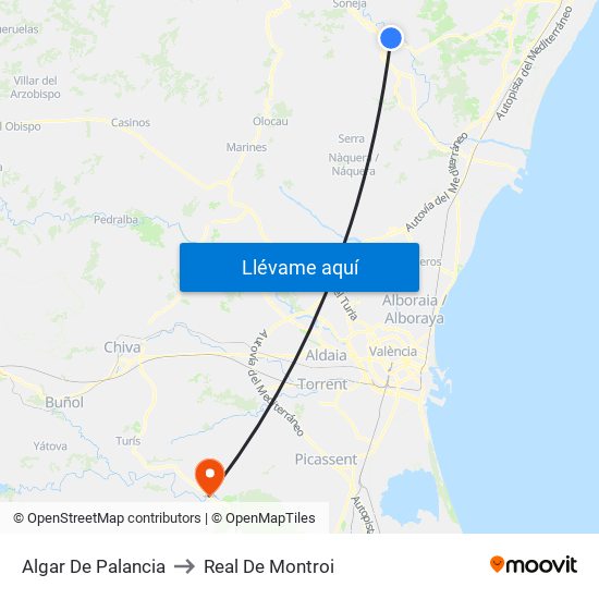 Algar De Palancia to Real De Montroi map