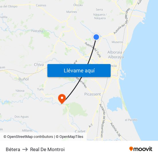 Bétera to Real De Montroi map