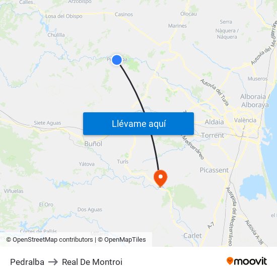 Pedralba to Real De Montroi map