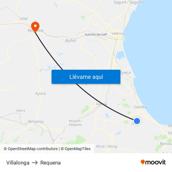 Villalonga to Requena map