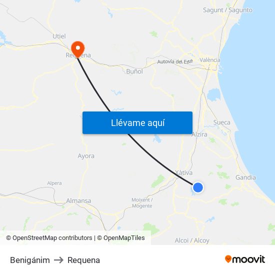 Benigánim to Requena map