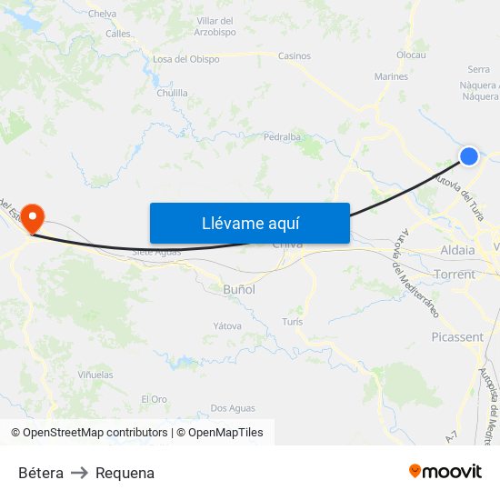 Bétera to Requena map