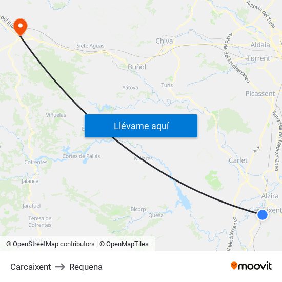 Carcaixent to Requena map