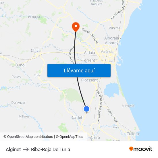 Alginet to Riba-Roja De Túria map