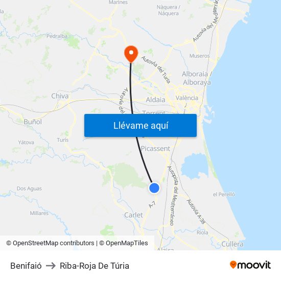 Benifaió to Riba-Roja De Túria map
