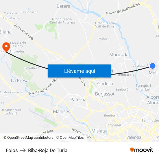 Foios to Riba-Roja De Túria map