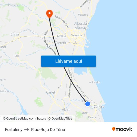 Fortaleny to Riba-Roja De Túria map