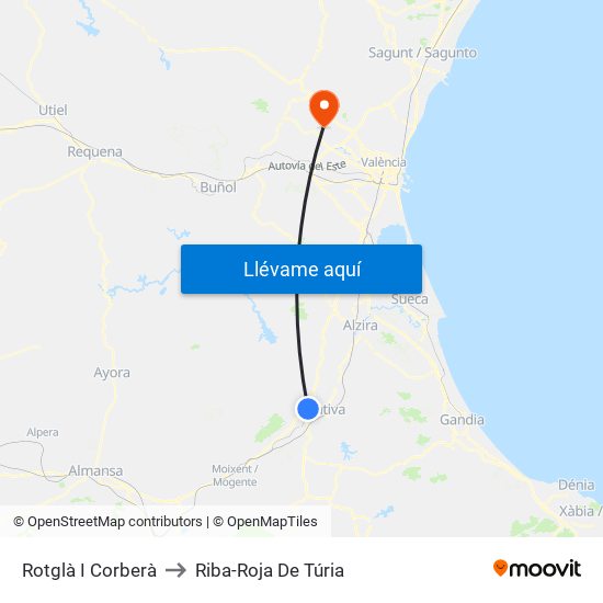 Rotglà I Corberà to Riba-Roja De Túria map
