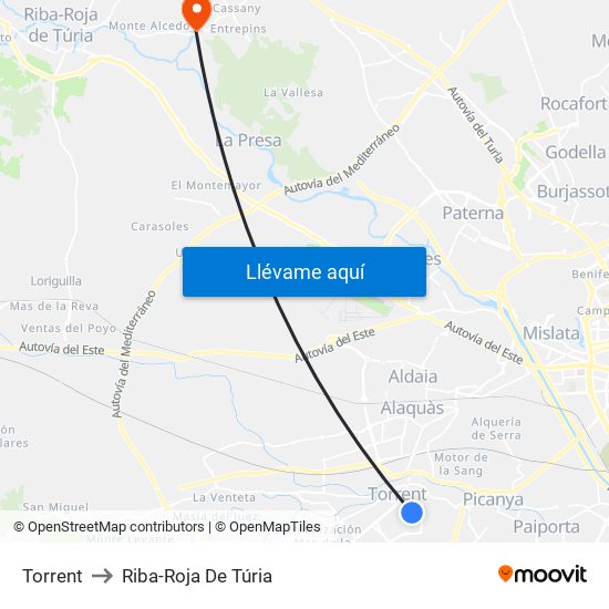 Torrent to Riba-Roja De Túria map