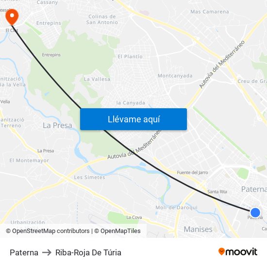 Paterna to Riba-Roja De Túria map