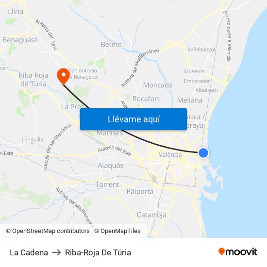 La Cadena to Riba-Roja De Túria map