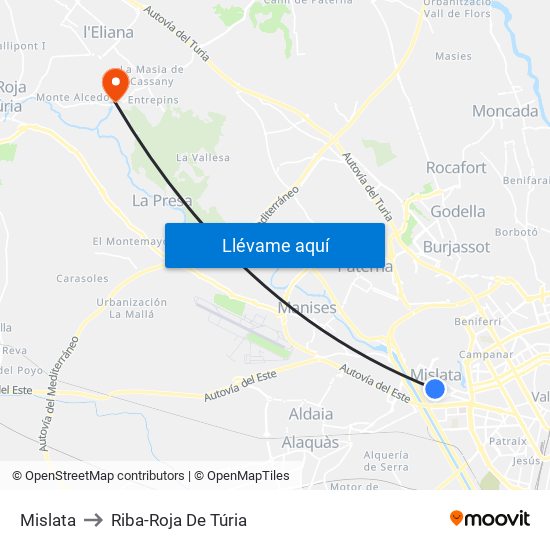 Mislata to Riba-Roja De Túria map