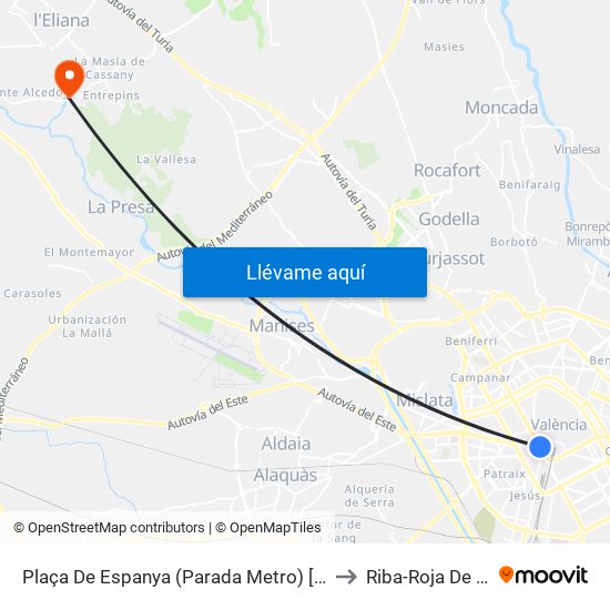 Plaça De Espanya (Parada Metro) [València] to Riba-Roja De Túria map