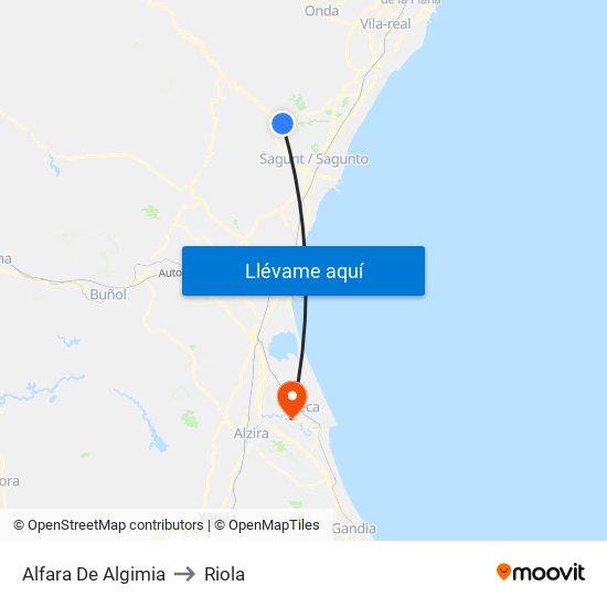 Alfara De Algimia to Riola map