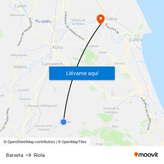 Barxeta to Riola map