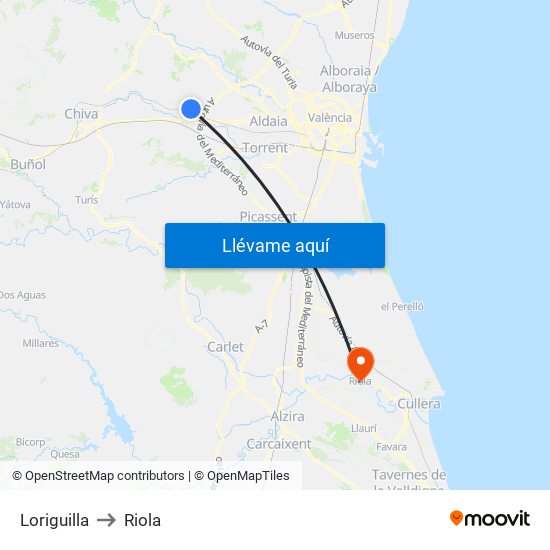 Loriguilla to Riola map