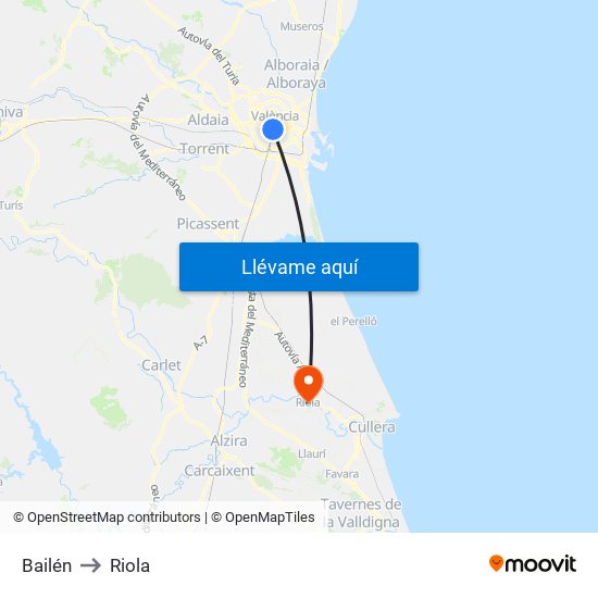Bailén to Riola map