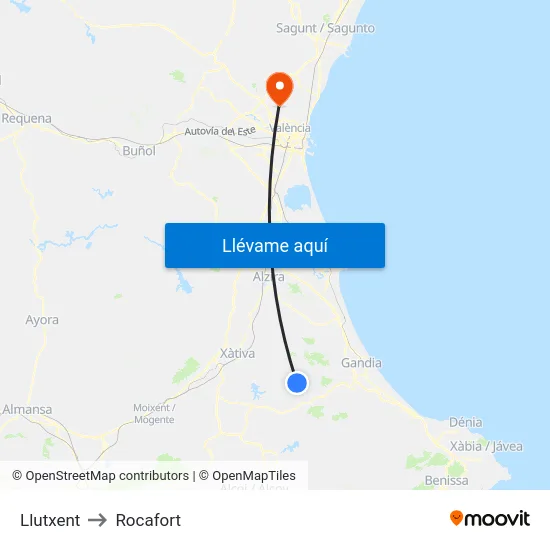 Llutxent to Rocafort map