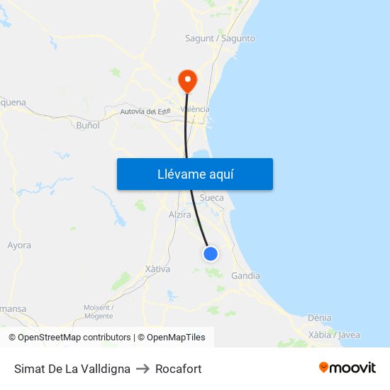 Simat De La Valldigna to Rocafort map
