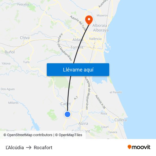 L'Alcúdia to Rocafort map