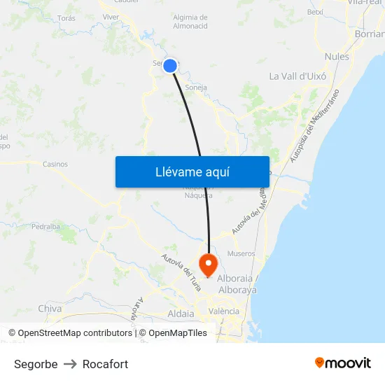 Segorbe to Rocafort map