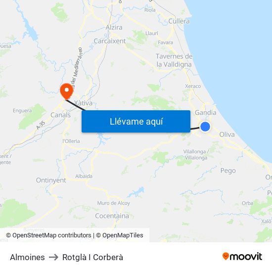 Almoines to Rotglà I Corberà map