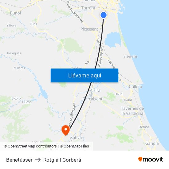 Benetússer to Rotglà I Corberà map