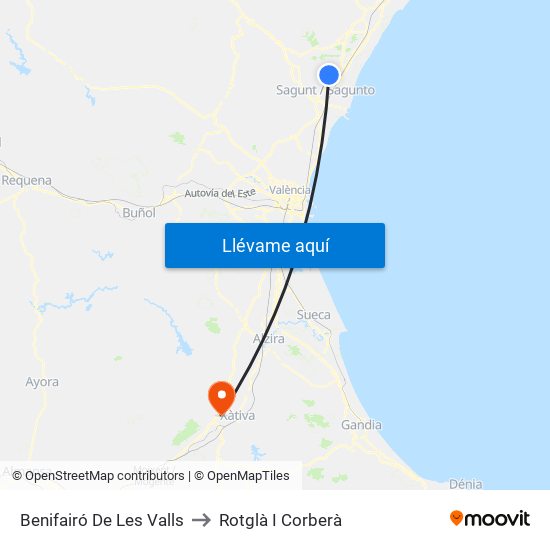 Benifairó De Les Valls to Rotglà I Corberà map