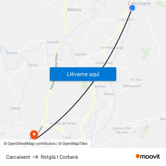 Carcaixent to Rotglà I Corberà map