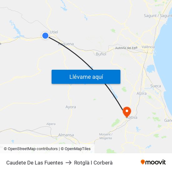 Caudete De Las Fuentes to Rotglà I Corberà map