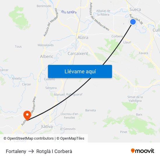 Fortaleny to Rotglà I Corberà map