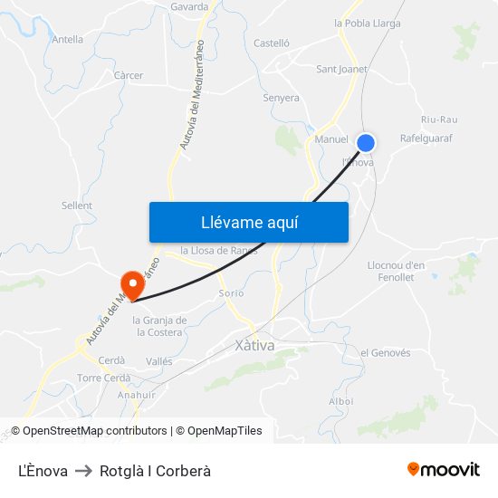 L'Ènova to Rotglà I Corberà map