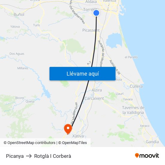 Picanya to Rotglà I Corberà map
