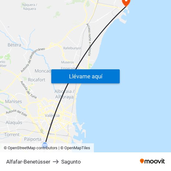 Alfafar-Benetússer to Sagunto map