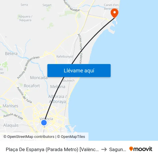 Plaça De Espanya (Parada Metro) [València] to Sagunto map