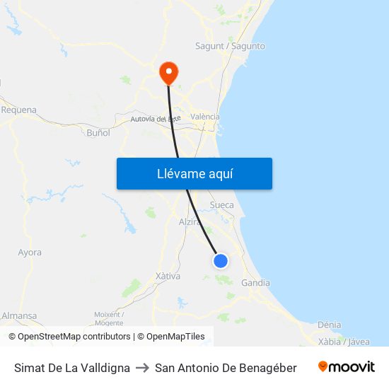 Simat De La Valldigna to San Antonio De Benagéber map
