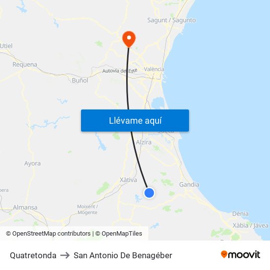 Quatretonda to San Antonio De Benagéber map