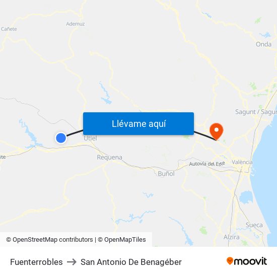 Fuenterrobles to San Antonio De Benagéber map