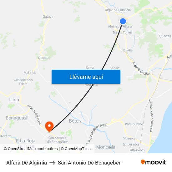 Alfara De Algimia to San Antonio De Benagéber map
