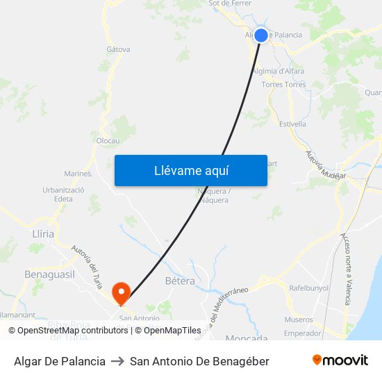 Algar De Palancia to San Antonio De Benagéber map