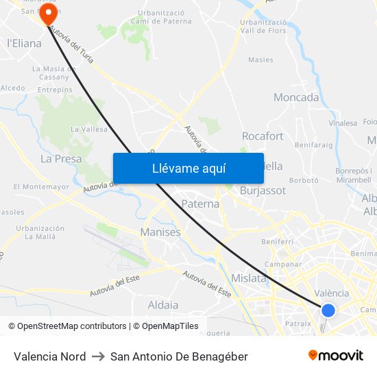 Valencia Nord to San Antonio De Benagéber map