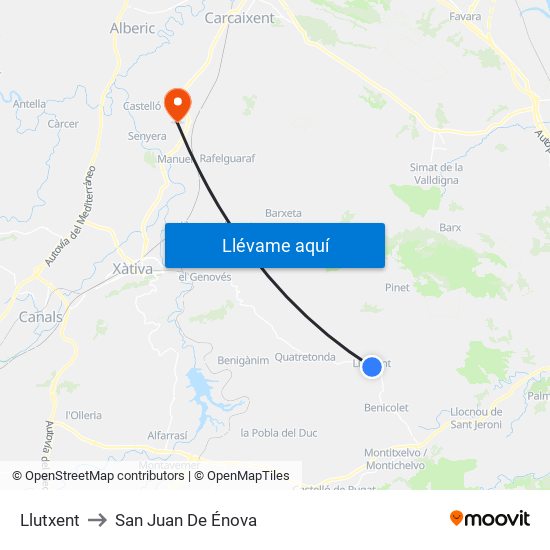 Llutxent to San Juan De Énova map