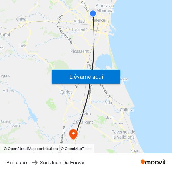 Burjassot to San Juan De Énova map