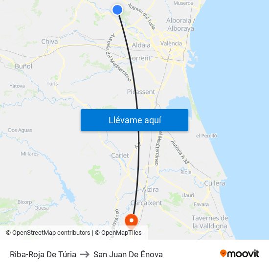 Riba-Roja De Túria to San Juan De Énova map