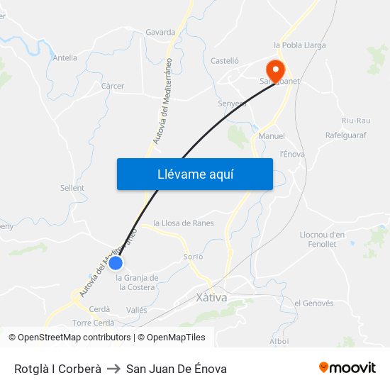 Rotglà I Corberà to San Juan De Énova map